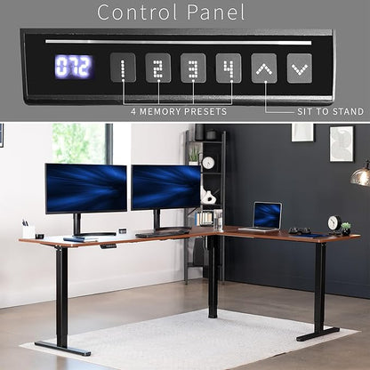 VIVO Electric Corner 84 x 63 inch L-Shaped Standing Desk, Memory Height Adjustment, Dark Walnut Top Black Frame, DESK-E3CTBD-84