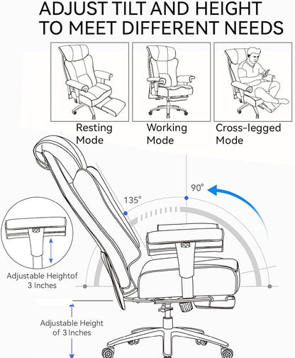 Efomao Big and Tall Ergonomic Office Chair 450LBS with Foot Rest, High Back PU Leather Executive Chair with Adjustable Padded Armrests, Lumbar Support for Home or Work, Heavy Duty Computer Chair, Pink