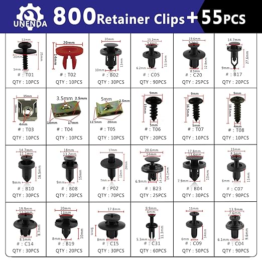Car Push Retainer Clips 855PCS Auto Fasteners Assortment-24 Most Popular Sizes Nylon Bumper Fender Rivets with 10 Cable Ties and Blue Fastener Remover for Ford GM Toyota Honda Chrysler Benz Nissan