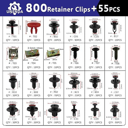 Car Push Retainer Clips 855PCS Auto Fasteners Assortment-24 Most Popular Sizes Nylon Bumper Fender Rivets with 10 Cable Ties and Blue Fastener Remover for Ford GM Toyota Honda Chrysler Benz Nissan