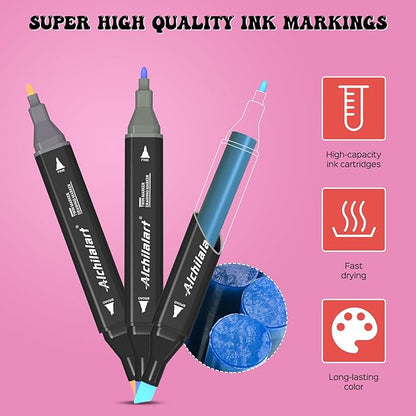 alchilalart 48 Colors Alcohol Based markers, Alcohol Markers Set, Dual Tip Alcohol Sketching Drawing Markers Animation for Adults Kids
