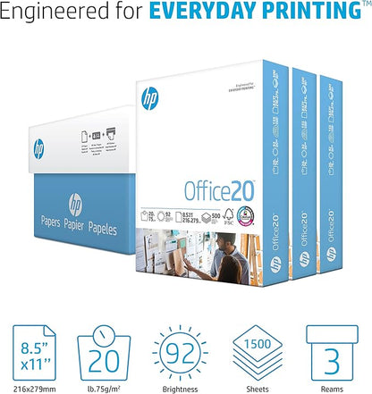 HP Printer Paper | 8.5 x 11 Paper | Office 20 lb | 3 Ream Case - 1500 Sheets | 92 Bright | Made in USA - FSC Certified | 112090C, White