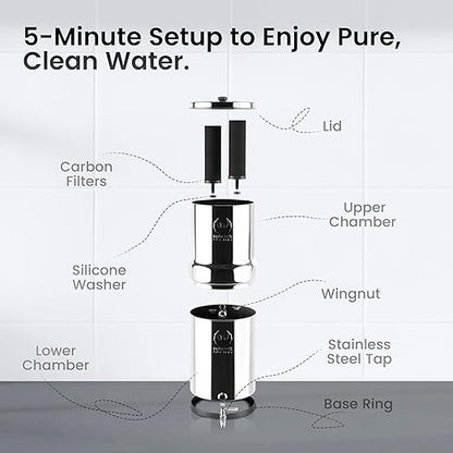 Gravity Water Filter System – 1.5 G NSF Certified Rust Free 304 Stainless Steel Countertop Water Filter | 2 Smart Carbon Filters | Steel Spigot | Manual Install | No Electricity or Plumbing | Portable