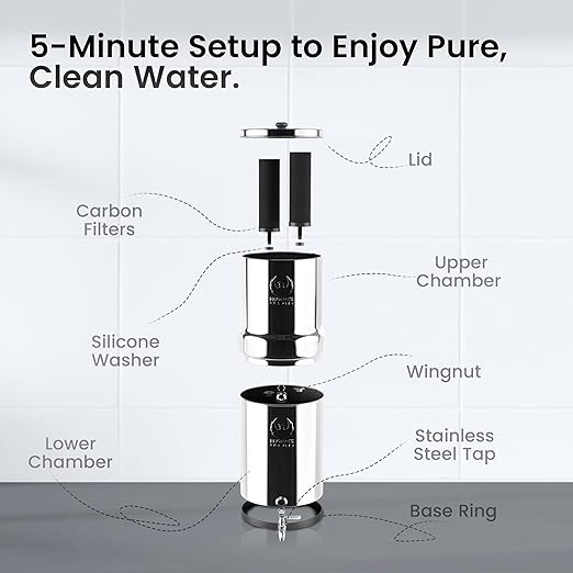 Gravity Water Filter System, 3.25 G NSF Certified Rust Free 304 Stainless Steel Countertop Water Filter | 2 Smart Carbon Filters | Steel Spigot | Manual Install | No Electricity or Plumbing | Portable
