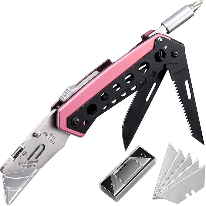 Pink Box Cutter Knife, Folding Utility Knife, 6 in 1 Razor Pocket Utility Knives Multitool with Clip, 5 Razor Blades, Screwdriver, Saw, Safe Lock, Work Knives, EDC Gadgets Gifts for Men Women