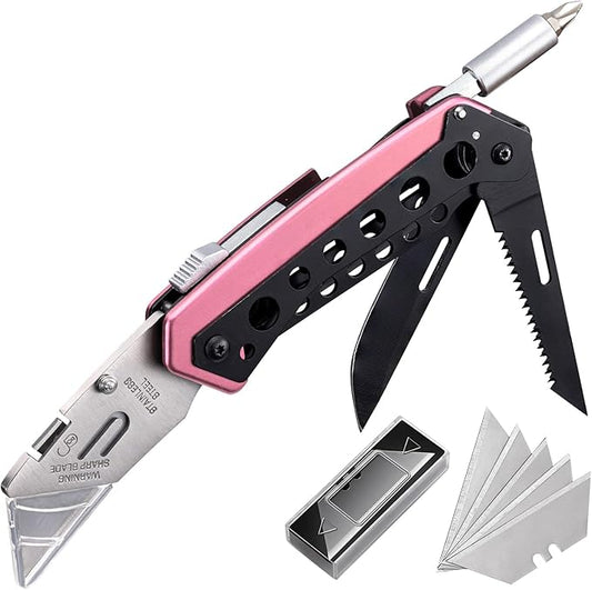 KAMBOLLY Pink Box Cutter Knife – 6-in-1 Folding Utility Knife Multitool with 5 Blades, Screwdriver & Saw | EDC Gift for Women & Men
