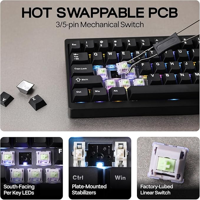EPOMAKER P65 QMK/VIA Wireless Aluminum Gaming Keyboard, Gasket-Mount, Bluetooth/2.4Ghz/USB(A to C), Hot Swappable, N-Key Rollover, for Mac/PC/PS/Xbox (Black, Zebra Switch)