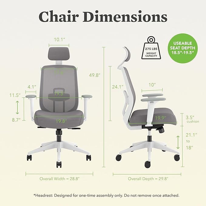 HON Altern Ergonomic Office Chair with Headrest, Arms, Wheels, Foam Cushion Seat, Mid Back Home Office Desk Chair Comfy, Height Adjustable Arms, Synchro-Tilt, Seat-Slide, White Frame, Frost