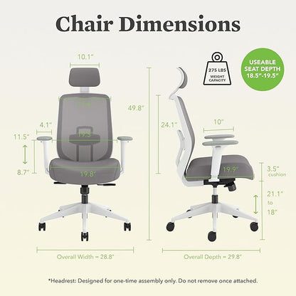 HON Altern Ergonomic Office Chair with Headrest, Arms, Wheels, Foam Cushion Seat, Mid Back Home Office Desk Chair Comfy, Height Adjustable Arms, Synchro-Tilt, Seat-Slide, White Frame, Frost
