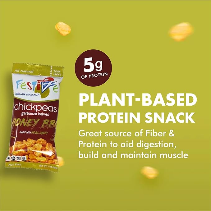 Snack Festive Honey BBQ Chickpea Garbanzo Beans, 12 Packs of 1 oz Crunchy Protein Balanced Macro Vegan Snack, Alternative Popcorn Granola Substitute, Nut-Free Multipack Non-GMO Soy-Free