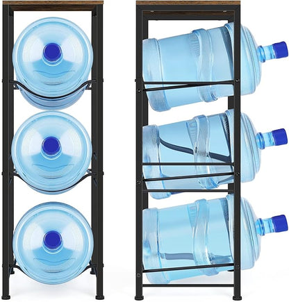 5 Gallon Water Jug Holder 3-Tiers Water Dispenser Stand Rack, Water Bottle Organizer with Storage Shelves for Kitchen Living Room Office, Rustic Brown