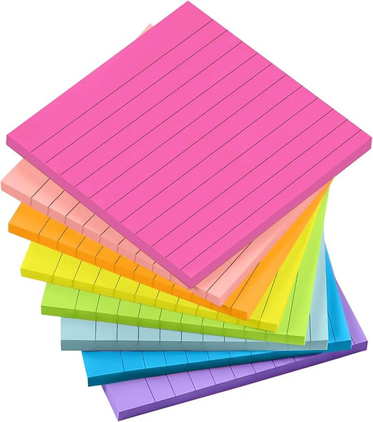 Lined Sticky Notes 4x4 in, 8 Pack Super Sticking Power Self-Stick Note Pads Bright Colors for Home, Office, School