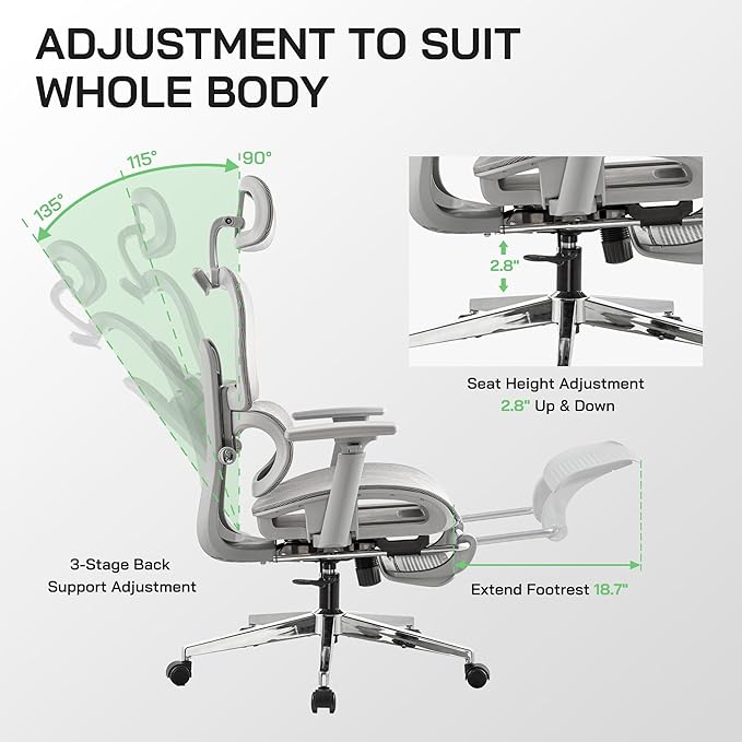 Mesh Ergonomic Office Chair with Footrest,High Back Mesh Gaming Chair with Lumbar Support,Adjustable Headrest and Armrests for Home Office Desk Chair (Modern, Grey)