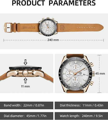 BY BENYAR Watch for Men Analog Quartz Chronograph Waterproof Luminous Designer Mens Wrist Watches Business Work Sport Casual Dress Watch with Silicone Strap Elegant Gifts for Men