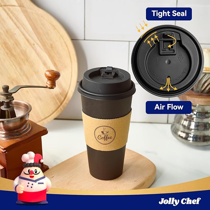 JOLLY CHEF 100 Count 20 oz Black Paper Coffee Cups with Lids, Sleeves and Stirrers for Home, Office, Kitchen, Cafes, Disposable Hot Paper Cups for all Kinds of Beverages