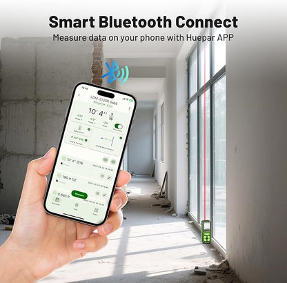 Huepar Laser Distance Measure 395Ft. Digital Rechargeable Laser Measuring Tool with Bluetooth -Phone APP, Angle Sensor, 1/16in Accuracy, M/in/Ft Unit, Pythagorean Mode, Measure Distance, Area, Volume
