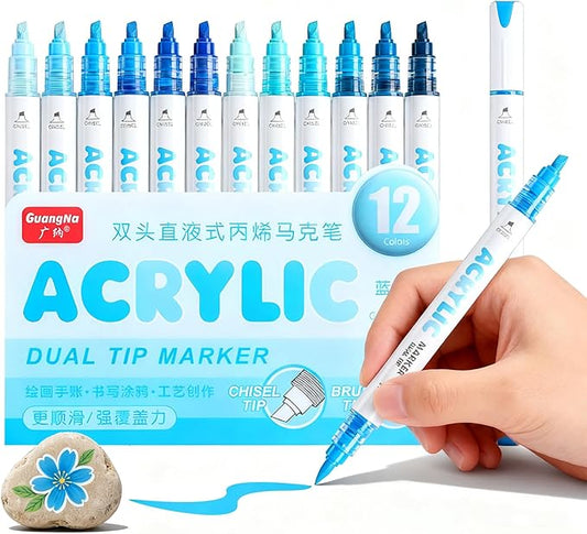 kander 12 Colors Dual Tip Acrylic Paint Markers, Blue Color — Extra Fine & Soft Brush Pen Set with Direct Ink Flow for Sketching, Detailing, Coloring on Wood, Canvas, Rock, Glass, DIY Crafts