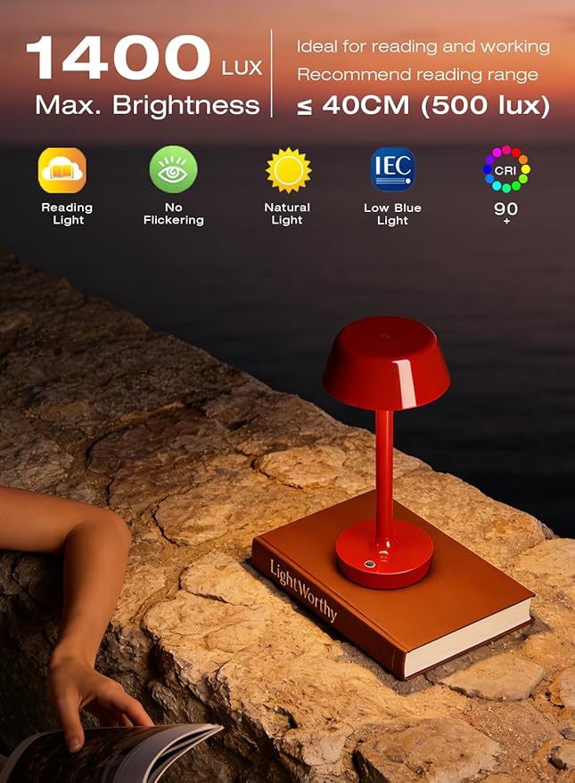 Cordless Rechargeable Table Lamp with Power Charger,Portable LED Desk Lamp,5000mAh Battery Operated,2700K-5700K Tunable,Stepless Touch Dimming for Bedroom Bedside Outdoor Camping,Red
