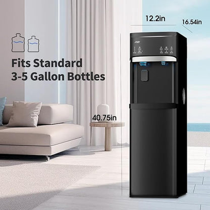 IKT Self Cleaning Hot and Cold Water Cooler Dispenser with Ice Maker Bottom Load for 3-5 Gallon Bottle 22lbs Daily Capacity Child Safety Lock Black