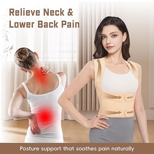 Posture Corrector for Women & Men, Adjustable Back Brace Shoulder Straightener, Full Back Support for Upper & Lower Back Pain, Hunchback, Scoliosis Relief (Medium, Beige)