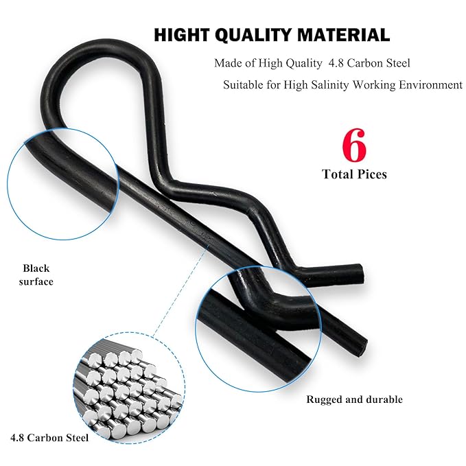 6 Pcs Heavy Duty Hitch Pins Clip R Clips Spring Retaining Wire Hair Pins Cotter Pin Strong Spring Tension Large R Clip Carter Pin Large for Trailer Tractors Mower Cart Truck Black zinc M4*90mm