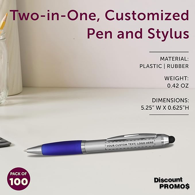 DISCOUNT PROMOS 100 Stylus Ballpoint Pens in Assorted Colors Pack - Customizable Text, Logo - Two in One, Ergonomic, Black Ink - Assorted