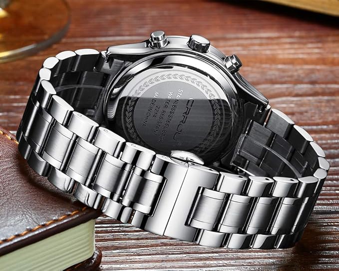 CRRJU Men's Fashion Stainless Steel Watches Date Waterproof Chronograph Wristwatches,Black Steel Band Waterproof Quartz Watch for Men