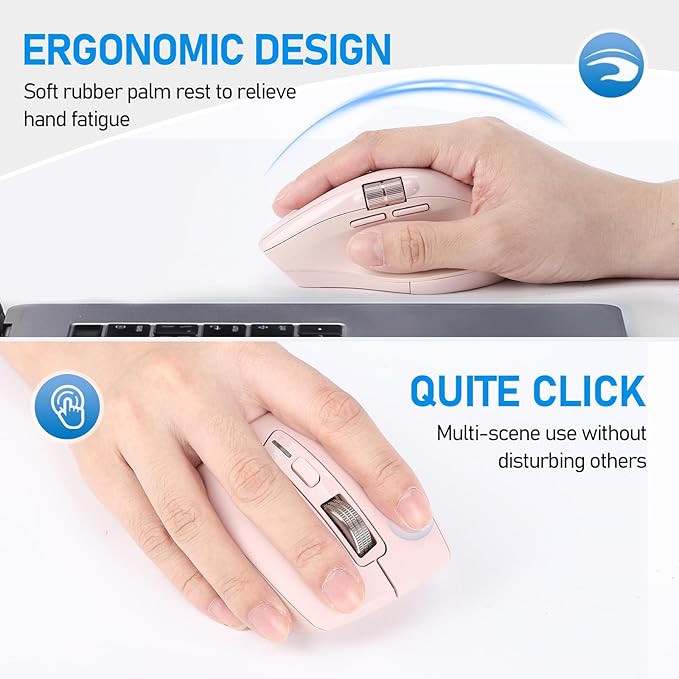 Wireless Bluetooth Side Scroll Mouse with Multi-Device, Ergonomic Computer Mice with Smart Flying Scroll, Quiet Click for Computer, Laptop, iPad, Tablet, MacBook (Pink)