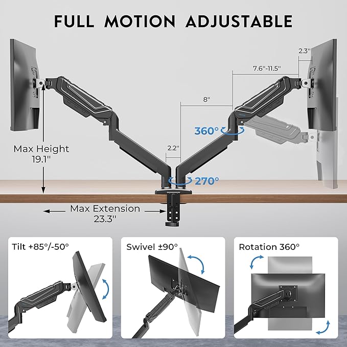 BONTEC Dual Monitor Stand for 15-34 Inch Screens, Gas Spring Adjustable Monitor Arm, Full Motion VESA 75x75/100x100mm Desk Mount with Tilt, Swivel, Rotation, Ergonomic Design for Home Office or Gaming