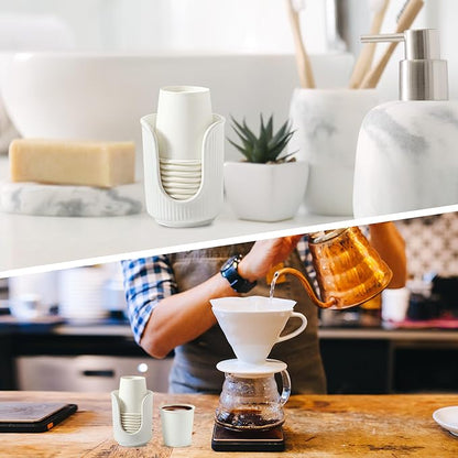 Ceramic Bathroom Cup Dispenser with Stylish Vertical Stripes - Disposable Mouthwash Cup Holder Holds 3-4oz Paper Cups for Rinsing Cups on Bathroom Vanity Countertops (White-White-2 Pack)