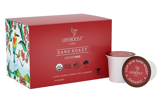 Lifeboost Dark Roast Low Acid Coffee K Cups - Single Origin Mold Free Non-GMO Organic Coffee Pods - Compatible with Keurig & Keurig 2 Machines - 10 Count