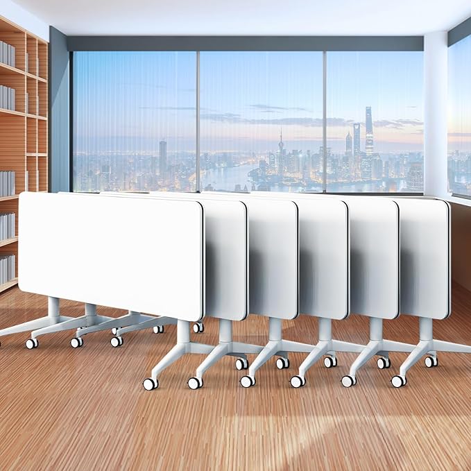 Folding Conference Table,Movable Conference Room Table with Wheels,White Wood Rectangular Conference Table with Modern Business Style,Modular Meeting Training Tables for Office Classroom(6,55.1'')