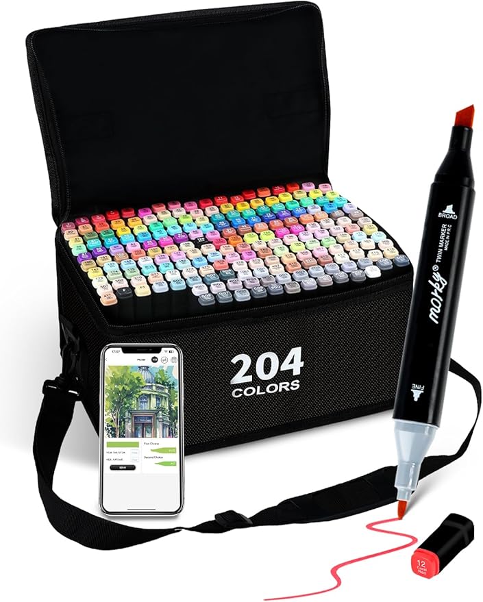 204 Colors Alcohol Markers with Free App, Chisel & Fine Tip Alcohol-Based Marker Set for Adults, Dual Tip Artist Markers for Drawing, Coloring Illustration, Painting and Great Gift Idea