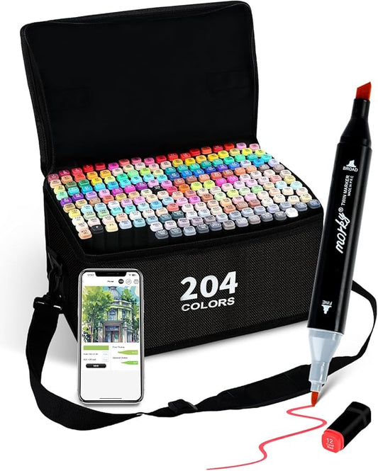 204 Colors Alcohol Markers with Free App, Chisel & Fine Tip Alcohol-Based Marker Set for Adults, Dual Tip Artist Markers for Drawing, Coloring Illustration, Painting and Great Gift Idea