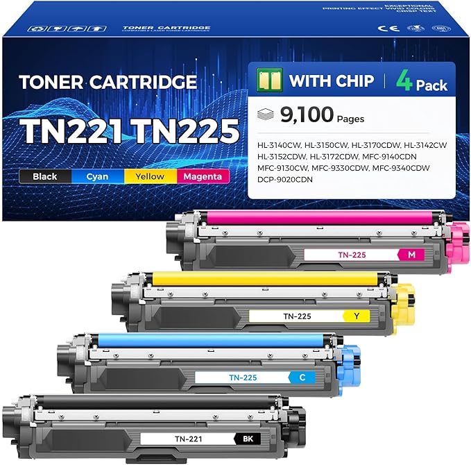 TN221 TN225 Toner Cartridge Set 4-Pack Replacement for Brother TN-221 TN-225 Compatible with MFC-9130CW HL-3170CDW MFC-9340CDW HL-3140CW MFC-9330CDW DCP-9020CDN (1 Black 1 Cyan 1 Magenta 1 Yelllow)