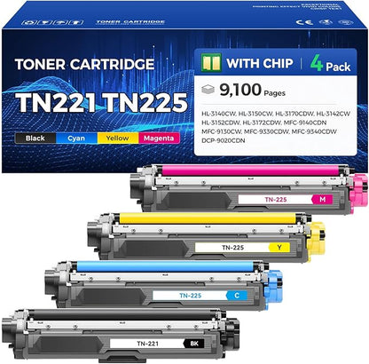 TN221 TN225 Toner Cartridge Set 4-Pack Replacement for Brother TN-221 TN-225 Compatible with MFC-9130CW HL-3170CDW MFC-9340CDW HL-3140CW MFC-9330CDW DCP-9020CDN (1 Black 1 Cyan 1 Magenta 1 Yelllow)