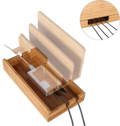 Bamboo Wood Multi-Device Desktop Charging Dock Station Charger Holder Cradle Stand Compatible for iPhone 16 15 14 13 12 11 Pro Max iPad mini Pro Air Laptop Tablets Samsung LG Sony Smartphones
