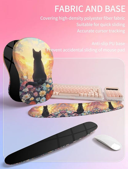 Hokafenle 2in1 Combination, Wave Keyboard Wrist Rest and Ergonomic Curvature Mouse Pad Wrist Support for Relieve Wrist Pain, Filled with Soft Cushion Memory Foam, Wishing Cat
