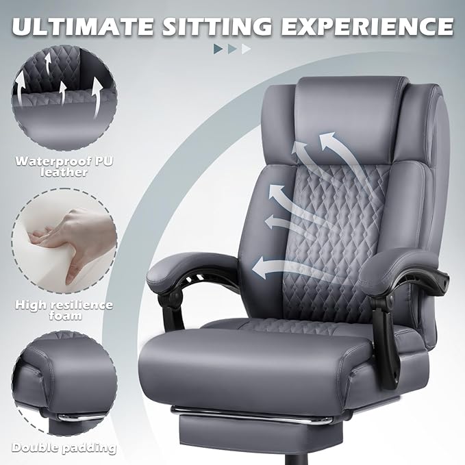 Big and Tall Office Chair with Foot Rest 400lbs, Heavy Duty Executive Leather Office Chair for Heavy People, Grey High Back Ergonomic Comfy Office Desk Chair with Lumbar Support and Footrest