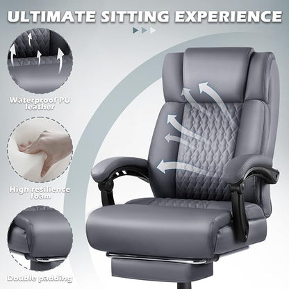 Big and Tall Office Chair with Foot Rest 400lbs, Heavy Duty Executive Leather Office Chair for Heavy People, Grey High Back Ergonomic Comfy Office Desk Chair with Lumbar Support and Footrest