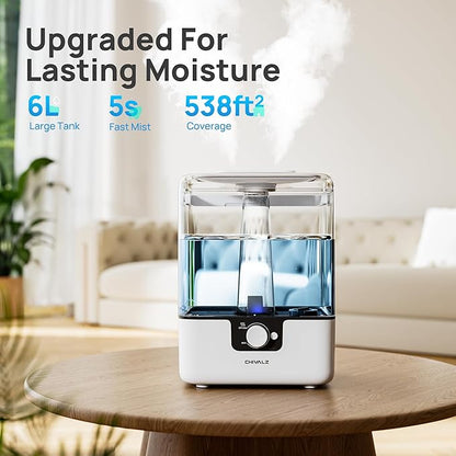 CHIVALZ 6L Humidifiers for Bedroom Large Room Home, Cool Mist Top Fill Humidifiers for Baby Nursery and Plants, 26dB Quiet, Nightlight, Up to 50 Hours, Oil Diffuser 1 Pack + 2 Mist Outlets White