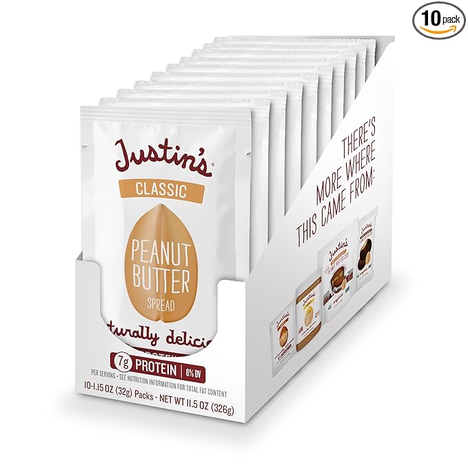 JUSTIN'S Classic Gluten-Free Peanut Butter Spread Squeeze Packs, 1.15 Ounce (10 Pack)