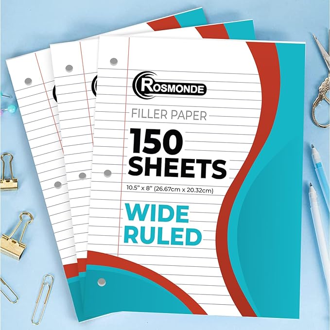 Rosmonde 1152 Pack (Pallet) Loose Leaf Paper Bulk, 172800 Sheets, Wide Ruled, 150 Sheets/Pack, 8 x 10.5", Pallet of Filler Paper, 3 Hole Punched, 56 Gsm Thick Paper, School & Office, 4-7 Days Transit