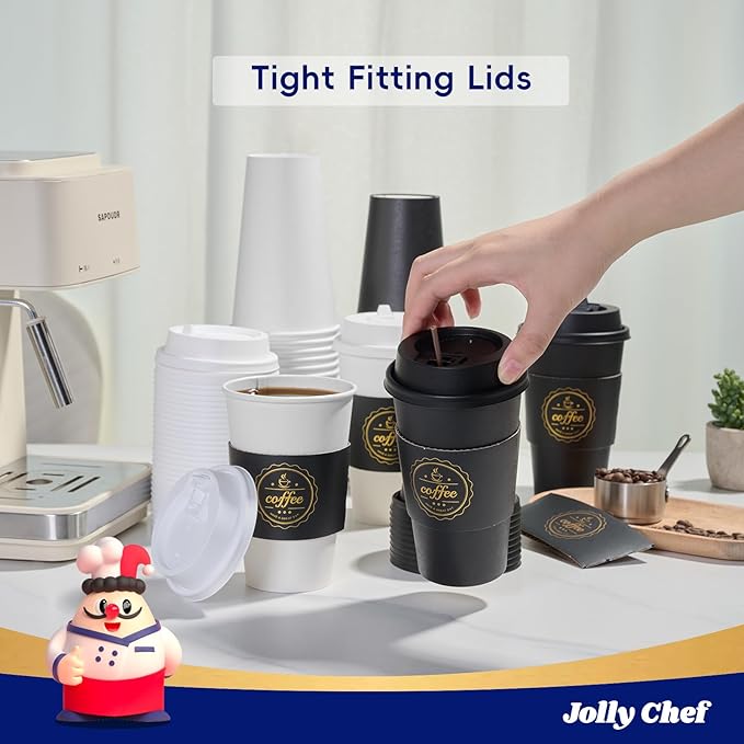 JOLLY CHEF 100 Pack 16 oz Disposable Paper Coffee Cups To Go Coffee Cups with Lids, Sleeves and Stirrers for Hot Drinks