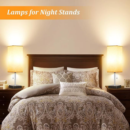 Table Lamp for Bedroom set of 2,3-Color Bedside Lamps with Pull Chain Table Lamps for Nightstand with AC Outlets,18'' Night Light Lamps with 2 Bulb Lamps for Living Room Kids Office Decor（Black+Cream）