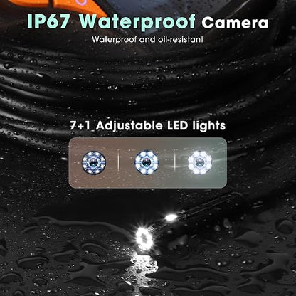 Triple Lens Endoscope Camera with Light- 5" 1080P HD Handheld Borescope with 50FT Semi-Rigid Cable, Waterproof Sewer Inspection Camera with 32GB Card, Drain Plumbing Camera & Gifts for Men