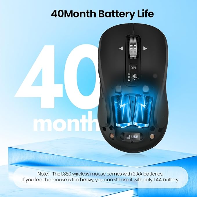 Wireless Mouse with 2 Bluetooth and 1 USB, 4-Way Scrolling, Full Size Mouse, Silent, Long Battery Life, Adjustable Cursor Speed, for Computer, Laptop, Tablets, iPad, Desktop, MacBook (Side Buttons)
