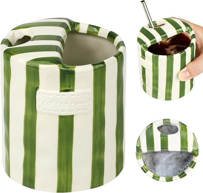 Novelty Ceramic Coffee Mug Designed to Look Like a Gift Box, 10oz Retro Hand-Painted Ceramic Travel Mug, Green & White Striped Design, Microwave & Dishwasher Safe, Perfect Present for Coffee Lovers
