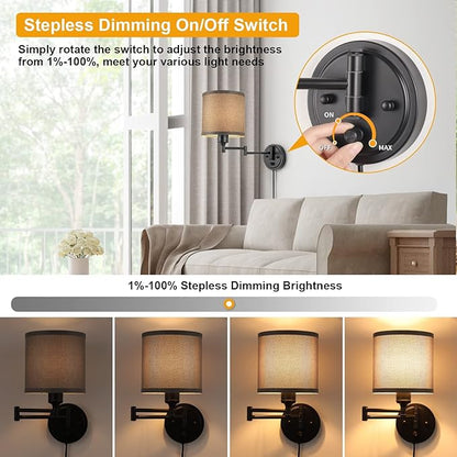 Dimmable Plug in Wall Sconces, Swing Arm Wall Lamp, Wall Sconces Set of Two, Plug in Wall Light, Sconces Wall Decor Set of 2, Grey Fabric Shade, 2pcs Bulbs Included