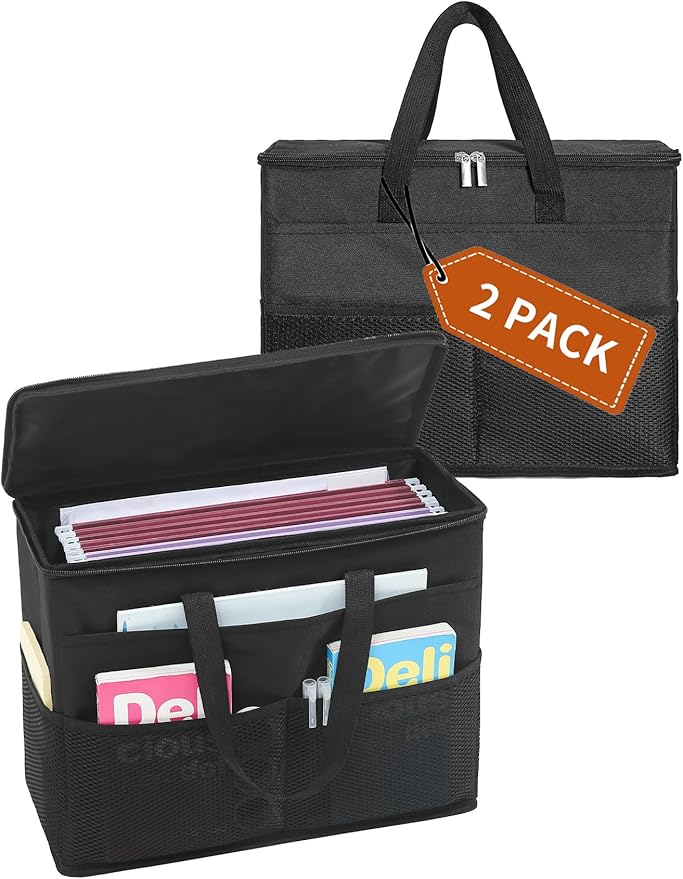 Qozary 2 Pack File Folder Organizer Box-Hanging File Tote Bag With Lids, Collapsible Portable Filing Organizer Box With Handle, Document Storage Bag For Office,Home,Travel, School